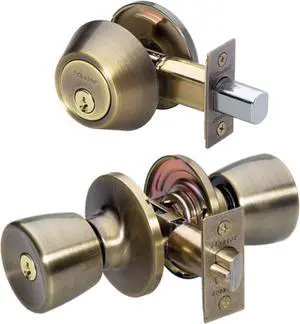Master Lock Keyed Entry Door Lock, Single Cylinder Deadbolt with Matching Tulip Style Knob, Antique Brass, TUCO0605,Combo