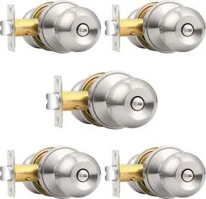 Probrico Brushed Nickel Doorknob, Round Ball Privacy Knobs, Interior Keyless Door Locksets for Bed and Bath, 5 Pack