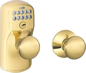 SCHLAGE FE575 PLY 505 PLY Plymouth Keypad Entry with Auto-Lock and Plymouth Knobs, Bright Brass