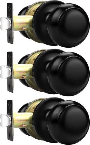 Probrico Hall/Closet Door Knobs in Matte Black Finish, Interior Round Passage Door Knobs Non-Locking Door Handles,3 Pack