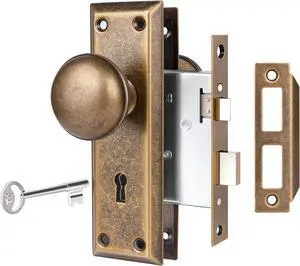 Mortise Lock Set for Interior Door, Vintage Door Knobs with Lock and Skeleton Key, Antique Brass Door Knobs for Old Style Doors
