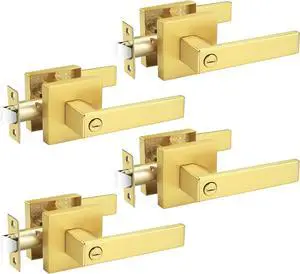 Probrico 4 Pack Gold Privacy Door Handles,Heavy Duty Satin Brass Door Knobs with Lock for Bedroom and Bathroom,Square Interior Keyless Locksets