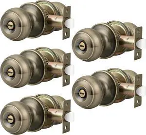 Probrico Privacy Door Knobs Lock Interior Bedroom Bathroom Door Handle Antique Brass Round Ball Keyless Lockset 5 Pack