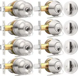 Probrico 4 Pack Keyed Alike Entry Handlset with Single Cylinder Deadbolts Combo Pack, Satin Nickel Door Knob for Front and Entrance Door, Interior and Exterior Entry Door Levers Brushed Nickel