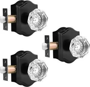 Gobrico Matte Black Passage Door Knobs Interior,Crystal Glass Door Knobs for Hall Closet,Keyless Clear Diamond Glass Door Lock Handle,3 Pack