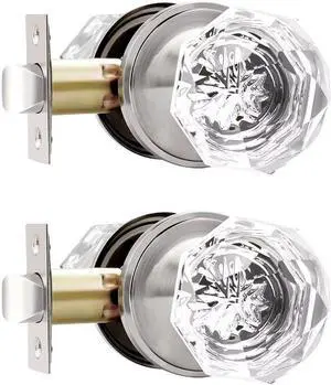 2 Pcs Glass Door Knobs, Satin Nickel Passage Door Knobs Interior, Crystal Closet Door Knobs Without Lock, Diamond Style Decorative Door Knobs
