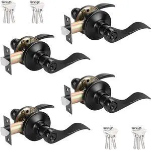 Probrico (4 Pack Black Entry Knobs with Lock and Key, Keyed Alike Lockset Combo Pack, Indoor and Outdoor Leversets, Reversible for Both Left and Right Open