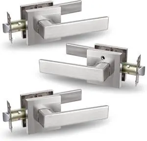 3 Pack Square Keyless Passage Door Lever Handle in Brushed Nickel Finish, USHTL01-SN-PS-3P
