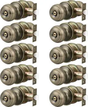 Probrico 10 Pack Privacy Door Knobs Lock Interior Bedroom Bathroom Door Handle Antique Brass Round Ball Keyless Lockset