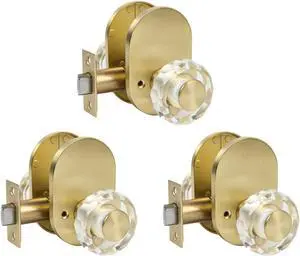 Gold Door Knob Interior,Privacy Door Knob for Bathroom and Bedroom, keyless Entry Door Lock,Anti-Lock Function, Round Clear Crystal Bathroom Door Knob with Lock, 3 Pack