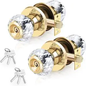 Crystal Door Knobs with Lock and Keys, 2 Pack Keyed-Alike Glass Door Knob, Interior Entry Door Knob Lockset with Same Key, Bedroom/Bathroom Privacy Keyed Door Knobs,Gold