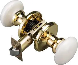 NCL White Door Knobs, Polished Brass Keyless Door Handles, Porcelain Door Levers, Interior Bath Door Knob