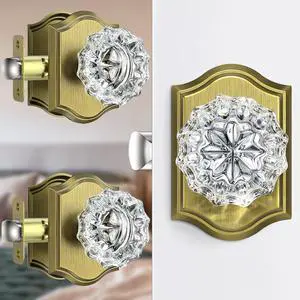3 Pack Glass Crystal Door Knobs Interior, Antique Brass Crystal Door Knobs with Lock for Privacy Use, Vintage Crystal Glass Doorknobs for Bedroom Bathroom Interior Doors