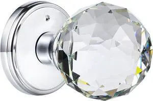 Crystal Glass Door Knobs Interior with Lock, Round Bathroom Bedroom Door Knobs (Privacy, Polished Chrome)