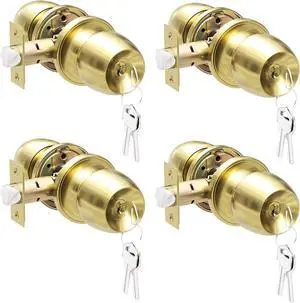 Keyed Entry Door Knob with Lock and Key, Round Ball Locking Door Knob, Interior and Exterior Door Lock Set for Bedrooms, Bathrooms and Home Use, Polished Brass, 4 Pack
