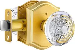 Crystal Glass Door Knob Interior with Lock, Privacy Gold Door Knob for Bedroom Bathroom, Satin Brass