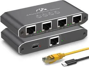 Ethernet Splitter 1 to 4 1000Mbps High Speed Internet Splitter, Gigabit Network Splitter with an Ethernet Cable and a USB Power Cable, 1 in 4 Out LAN RJ45 Splitter Work with Cat 6/7/8 Cable