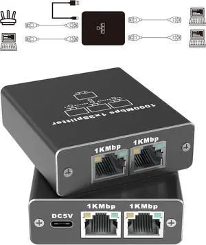 Gigabit Ethernet Splitter 1 to 3, Aluminium LAN Splitter 1000Mbps RJ45 Ethernet Switch Network Splitter with USB C Power Cable for Cat5/5e/6/7/8