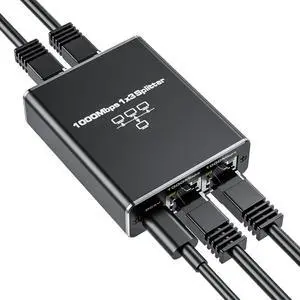 BolAAzuL Ethernet Splitter 1 to 3 High Speed 1000Mbps Gigabit RJ45 Adapter, 1 in 3 Female Out, LAN/Internet Cable Cat 8/7/6/5/5e Network 1x3 | Plug&Play | With USB Power Cable
