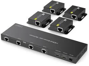 4K 1x4 HDMI Extender Splitter Over CAT6/7 Ethernet 4K30Hz Up to 165ft-1080P Up to 196ft Support HDMI Loop Out EDID with 4X Receivers