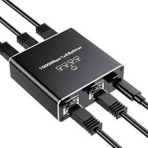 Ethernet Splitter 1 to 4 High Speed 1000Mbps, BolAAzuL Gigabit RJ45 Splitter Adapter 1 in 4 Female Out, LAN/Internet Cable Cat 8/7/6/5/5e Network Splitter 1x4 | Plug&Play | with USB Power Cable