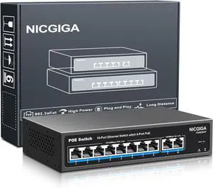 8 Port PoE Switch with 8 Ports 100Mbps PoE+@120W + 2 * Gigabit Uplink Port, NICGIGA 10 Port 802.3af/at Power Over Ethernet Network Switch Unmanaged, VLAN and 250m Extender Mode, Fanless.