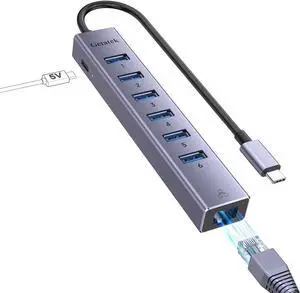 USB 3.0 Hub, 8 Ports USB Ethernet Hub, with 7 USB 3.0 Port, 5V Extra Power Port, Aluminum Shell USB A HUB, USB Expander for Laptop, Flash Drive, HDD, Printer,Keyborad, Mouse