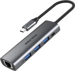 USB 3.0 Hub with Gigabit Ethernet, 3-Port USB-A 5Gbps + USB-C Power Port for MacBook, Dell, HP, Surface (Plug and Play) (USB-C)