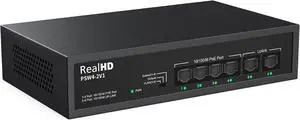 6 Port PoE Switch, 4 Ports 10/100Mbps PoE+ 2 Ethernet Uplink, Total Power Budget 55W, 802.3af/at Compliant, Compatible with IP Cameras VOIP Phones, Unmanaged Plug and Play