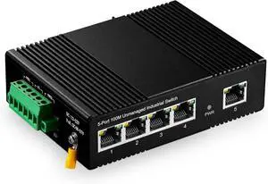 Binardat 5 Port Din Rail Industrial Ethernet Switch, 4 Ports and 1 Uplink 10/100Mbps, Fanless Wall Mount, with One Power Supply