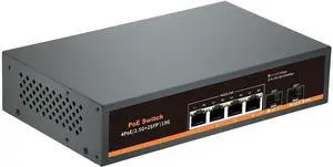 2.5G Unmanaged PoE Switch with 4 x 2.5G Base-T Ports and 2 x 10G SFP Uplink Port, Compatible with 100/1000/2500Mbps, Fanlesss Design, Plug & Play, 2.5Gb Power Over Ethernet Switch