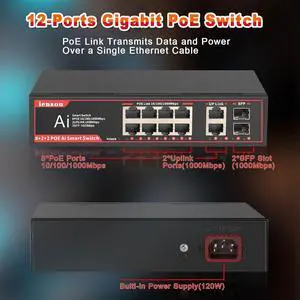 POE Gigabit Switch 8 Ports with 2 Uplink and 2 1.25G SFP, 12 Ports POE Ethernet Network Switch with 120W AI Detection,802.3af/at Compliant |Fanless Design |Plug & Play