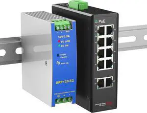 Industrial 8-Port Full Gigabit POE+ Switch with Industrial DIN-Rail Power Supply, 2 Gigabit Uplink Port, Total 120W Budget, DIN-Rail POE Switch for IP Cameras, VoIP Phones, Wireless APs