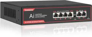 6 Ports Ethernet Switch Unmanaged, 4 PoE Ports Gigabit+2 Ports Gigabit Uplink, Network Switch with 68W Power Supply, Ethernet Splitter |Fanless Design |Plug & Play |Wall Mount