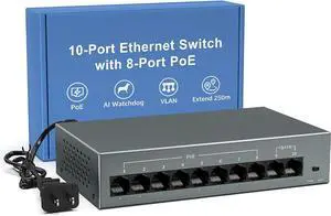 YuanLey 8 Port Gigabit PoE Switch with 2 Gigabit Uplink, 8 Port PoE+ 1000Mbps, 85W 802.3af/at, Extend Function, Metal, Fanless, AI WatchDog, Unmanaged Plug and Play Smart Detection Ethernet Switch