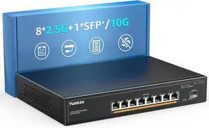 YuanLey 9 Port 2.5G PoE Switch Unmanaged, 8 x 2.5G Base-T PoE Ports, 10G SFP, IEEE802.3af/at, 120W, Compatible with 100/1000/2500Mbps, Metal Fanless, Desktop/Rack Mount 2.5Gbe Network Switch