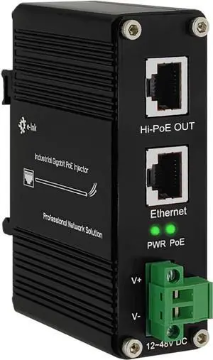 Gigabit Hi-PoE Injector - Industrial Gigabit PoE+ Injector IEEE802.3af/at 60W Hardened POE Adapter with 12-48V DC Input DIN- Rail, Wall Mount, Aluminum Alloy Metal Housing