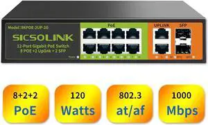 8 Ports Gigabit PoE+ Switch with 2 Uplink & 2 SFP Ports,1000Mbps PoE Ethernet Unmanaged Network Switch,120W, Plug & Play, Suitable for Access Point-AP and PoE Surveillance Camera