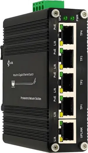 Industrial Passive 24V 5 Ports PoE Switch, 10/100/1000Mbps, Black, DIN Rail Mount, AUTO, 12-24V Input 24V Output
