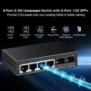 Binardat 4 Port 2.5G Switch with 2x10G SFP, 4x2.5 Gigabit Ethernet Ports, Ultra-Mini Size, Support Vlan, Metal Unmanaged Multi-Gigabit Desktop/Wallmount Network Switch