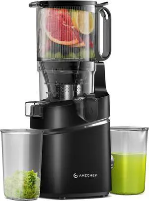 AMZCHEF Juicer Machines, 5.8" Extra Self-Feeding Cold Press Juicer for Whole Vegetable & Fruit, Juice Extractor Machine with Large Auger & Triple Strainers, Easy to Clean, High Juice Yield, Black