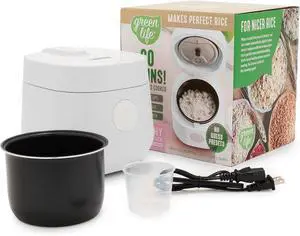 GreenLife Digital Rice Cooker, 2-Cups Uncooked/4-Cups Cooked, Removable Nonstick Ceramic PFAS-Free Pot, One-Touch Presets, Oats, Quinoa, Brown Rice, Auto Keep Warm, Fuzzy Logic Tech, 1.5 QT, White