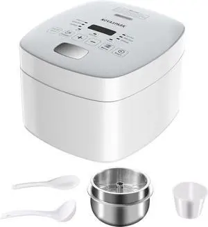 Low Carb Rice Cooker Stainless Steel Inner Pot, Mini Stainless Steel Rice Cooker Small 5 Cup, LED Display Low Sugar Rice Maker, 24H Timer and Auto Keep Warm, White Rice/Porridge/Oatmeal, White