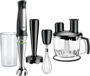Braun 4-in-1 Immersion Hand Blender, Powerful 500W Stainless Steel Stick Blender, Variable Speed + 6-Cup Food Processor, Whisk, Beaker, Masher, Finer Blending, MultiQuick MQ7077 Braun 4-in-1 Immersion Hand Blender, Powerful 500W Stainless Steel Stick Blender, Variable Speed + 6-Cup Food Processor, Whisk, Beaker, Masher, Finer Blending, MultiQuick MQ7077