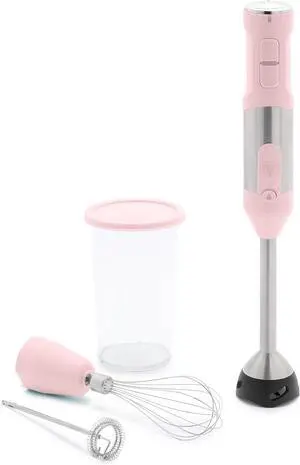 GreenLife 500-Watt Immersion Electric Handheld Stick Blender with Stainless Steel Blades, Whisk, Frother, Measuring Cup and Lid, Soups, Puree, Cake, Multi-Speed Control, Portable, Pink