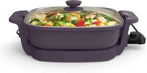 bella Make & Take Electric Skillet, Fits-anywhereTM kitchenware, EverGoodTM Ceramic Coating, Adjustable Temperature & Dishwasher-Safe Tempered Glass Lid, Cast Aluminum Base, 1200 Watt, Plum