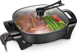 FOHERE Electric Skillet, 12 Inch Deep Non Stick Electric Frying Pan with Standable Glass Lid, 3 Marked Heating Levels, Heat Resistant Handles and Non-stick Coating Easy to Clean, 1360W, Black