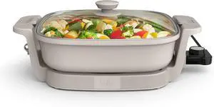 bella Make & Take Electric Skillet, Fits-anywhereTM kitchenware, EverGoodTM Ceramic Coating, Adjustable Temperature & Dishwasher-Safe Tempered Glass Lid, Cast Aluminum Base, 1200 Watt, Oatmilk