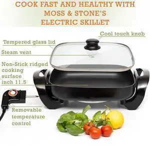 Moss & Stone Square Nonstick Electric Skillet With Lid, Aluminum 12x12 Inch Electric Frying Pan 5Qt, Nonstick Cooking Surface, Adjustable Temperature Control, Vented Glass Lid, Heat-Resistant Handle