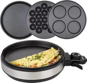 Multi Baker Deluxe- Baking Made Easy- Electric Appliance w Temp Control 3 Interchangeable Skillets for Grilling, Baking, Dessert Making- Grilled Cheese Omelets Pizza Sandwiches Cake Pops, Gift for Mom